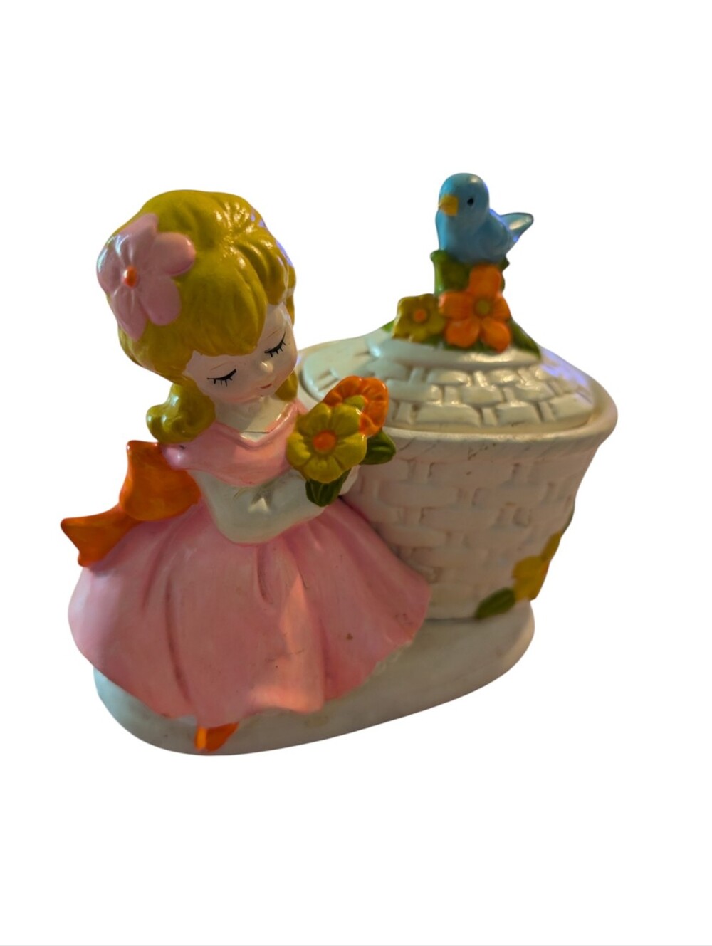 60s 70s Vintage MCM‎ Ceramic Girl Bird Daisy Flower Storage Decor Figurine